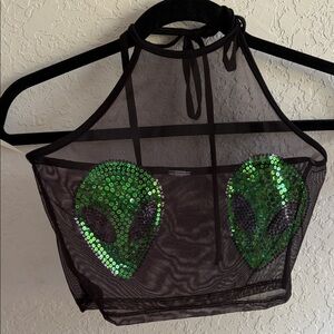 Hustler store Black Mesh Halter Top with Green Sequin Alien Design EDM size Sm
